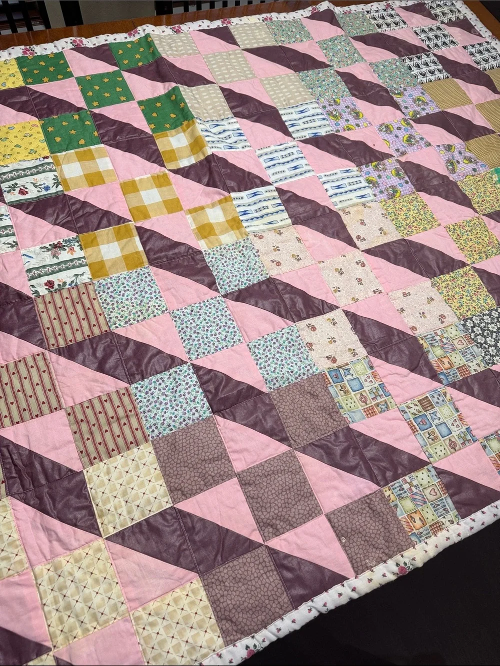 Handmade Pink and Plum Patchwork Quilt - Cozy Home Bedding - 3’ x 5’